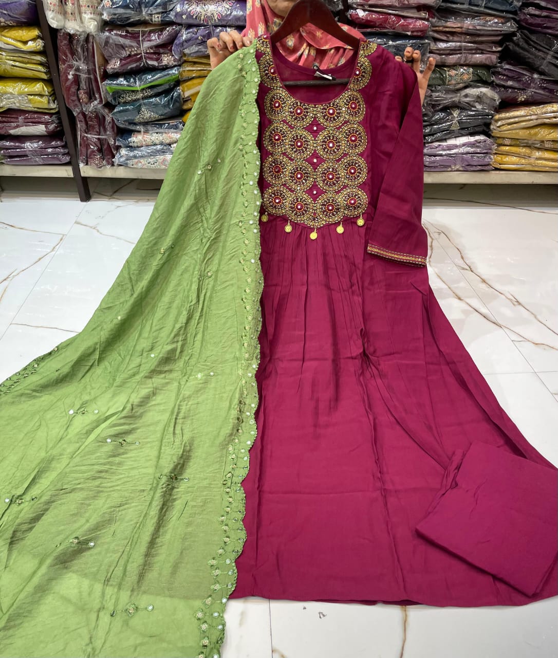 Women Maroon and Green Kurti