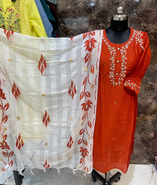 White and Orange Women Kurti